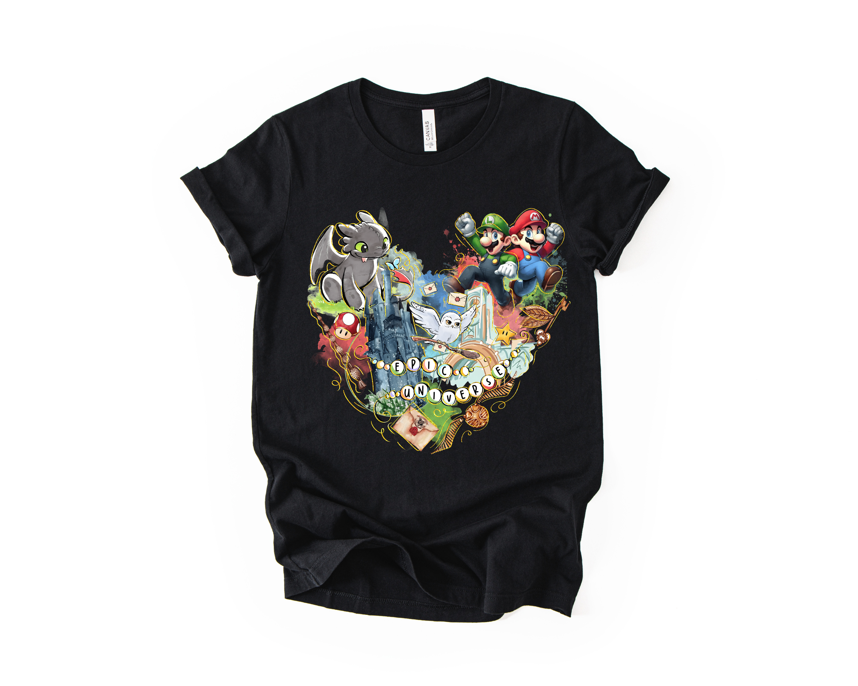 Epic Universe Mash-Up Tee – Black Fandom Collage Shirt