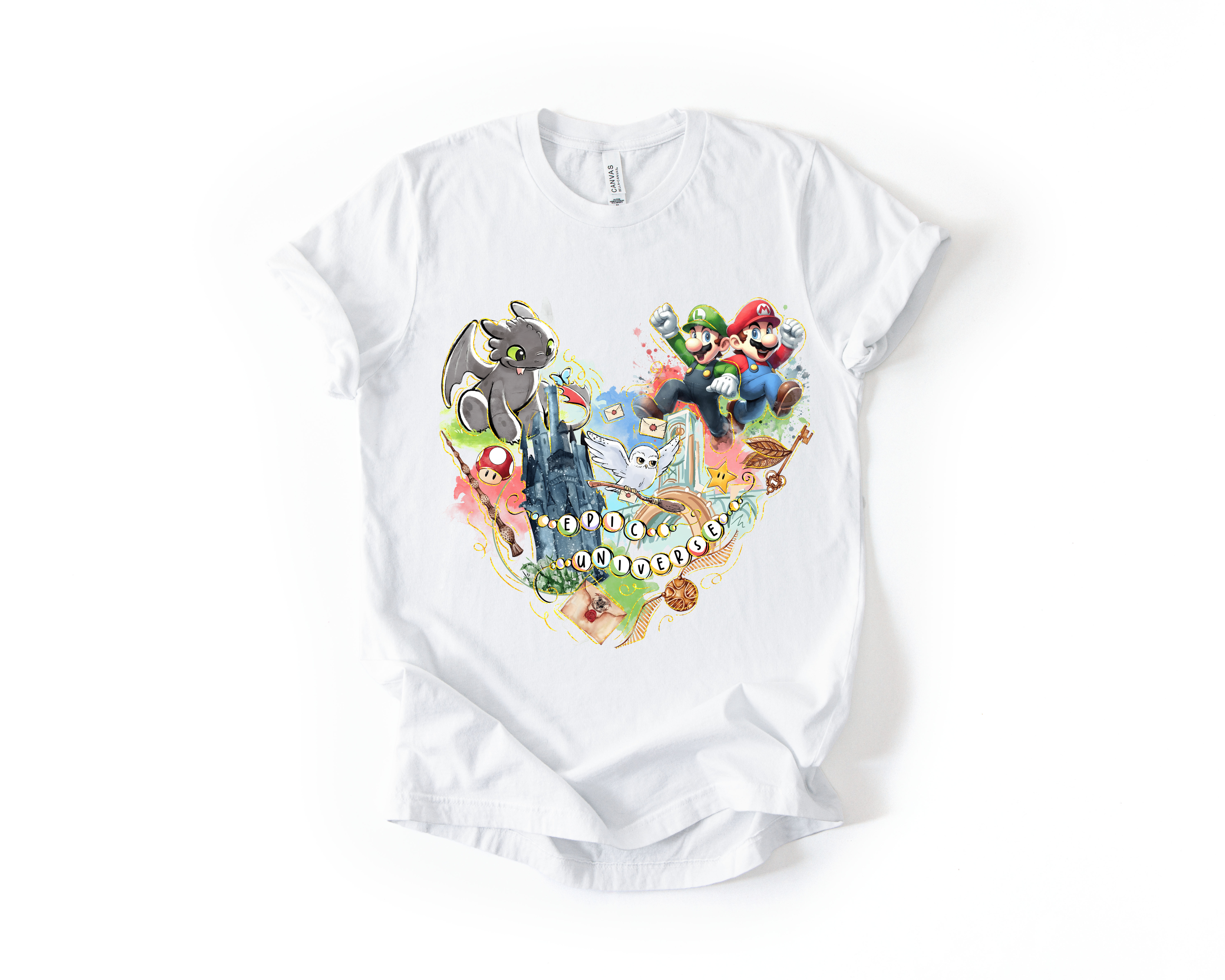 Epic Universe Mash-Up Tee – white Fandom Collage Shirt