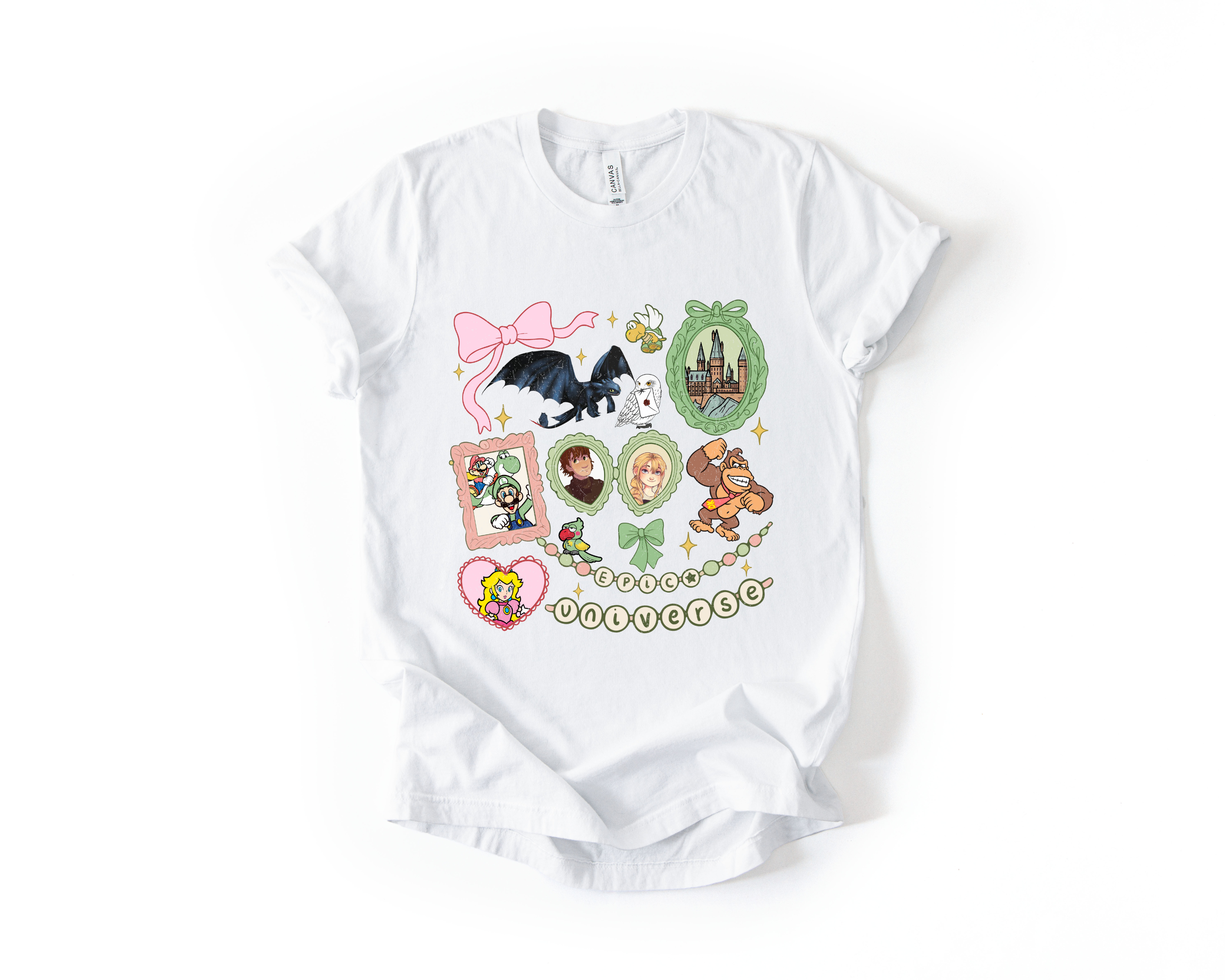 Pastel Epic Universe Tee – Whimsical Fandom Collage Shirt White