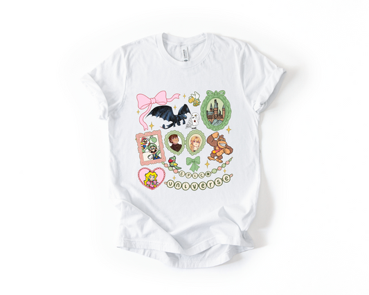 Pastel Epic Universe Tee – Whimsical Fandom Collage Shirt White