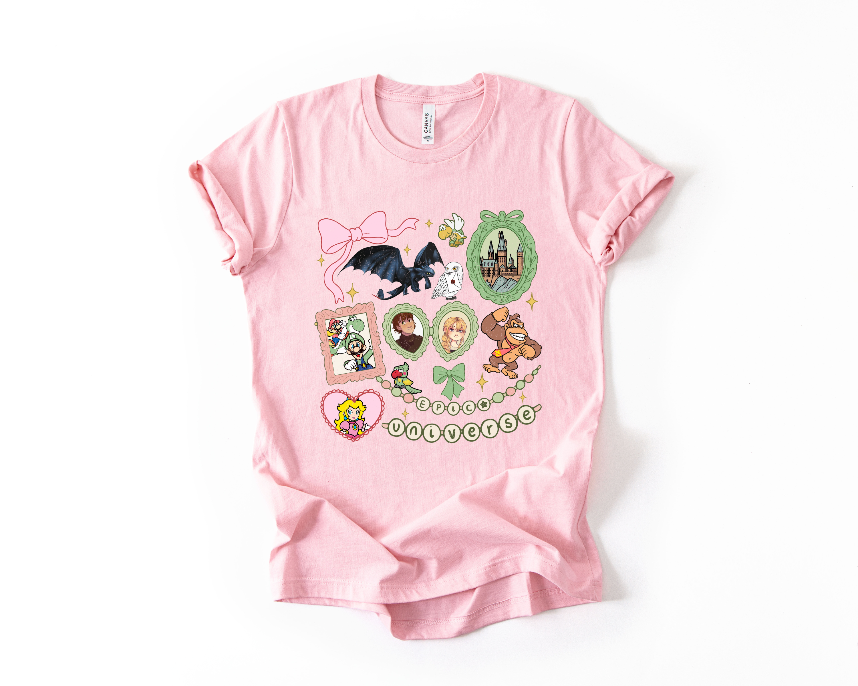 Pastel Epic Universe Tee – Whimsical Fandom Collage Shirt pink